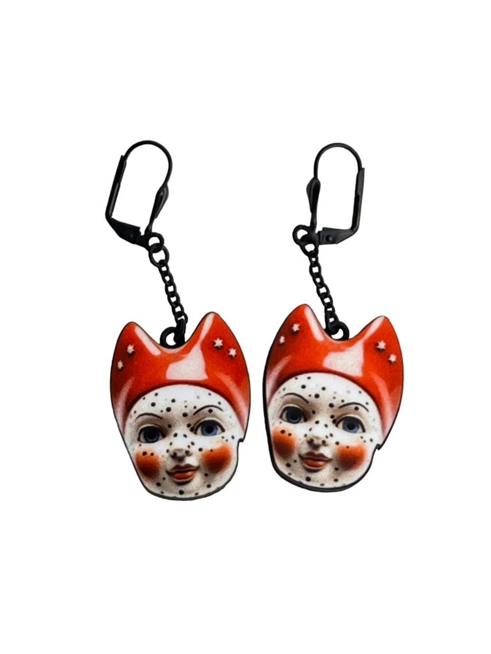 Vintage Style Kitsch Doll Head with Red Star Cat Ear Cap Wood Drop Earrings
